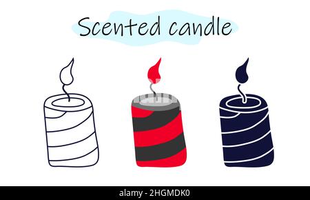 A standard-shaped scented candle with a spiral pattern and a burning flame. Vector illustration in color, linear and solid design on a white Stock Vector