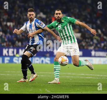 Borja Iglesias of Real Betis, left, and Miha Blazic of Ferencvaros TC vie  for the ball during the Europa League group G soccer match between Ferencvaros  TC and Real Betis in Groupama