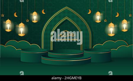 3d podium Ramadan Kareem theme with frame and ornament stars, moons, and lanterns Stock Vector