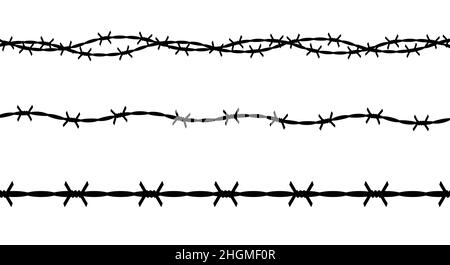Twisted barbed wire silhouettes set. Straight and wavy curved military border for secured territory. Flat vector illustration isolated on white backgr Stock Vector