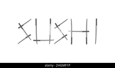 Japanese food restaurant menu lettering. SUSHI word made from katana swords. Flat vector illustration isolated on white background. Stock Vector