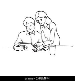 line art business people using a digital tablet together while sitting on table illustration vector hand drawn isolated on white background. Teamwork Stock Vector