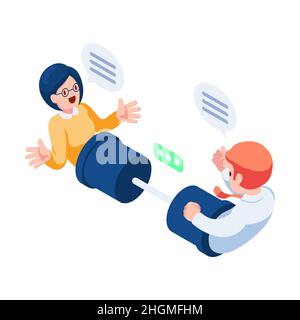 Flat 3d Isometric Businessman and Women Communicate Cup Telephone. Two Way Communication Concept. Stock Vector