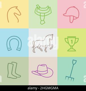 Set of vector horse equipment icons on multicolored background. Easy editable layered vector illustration. Stock Vector