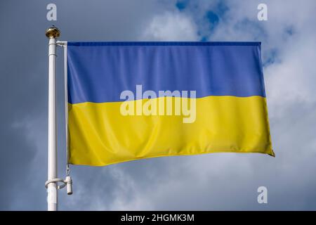 The flag of Ukraine is a banner of two equally sized horizontal bands of blue and yellow Stock Photo