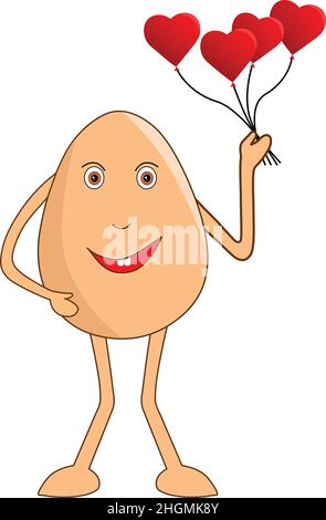 Happy egg male cartoon with a bunch of heart shape balloons in his hand. Vector Illustration. Stock Vector