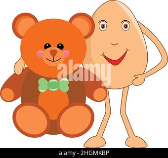 Happy egg cartoon with a giant teddy in his hand on teddy day. Vector Illustration. Stock Vector