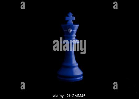 The flag of the North Atlantic Treaty Organization (NATO) paint over on chess king. 3D illustration. Stock Photo