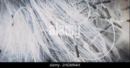 BANNER Abstract real photo white gray pale blue background. Close sail sea fishing tangled line airy mesh texture. Geometric waves circles threads Stock Photo