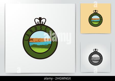 landscape mountain peek. river. grass. farm logo Ideas. Inspiration logo design. Template Vector Illustration. Isolated On White Background Stock Vector