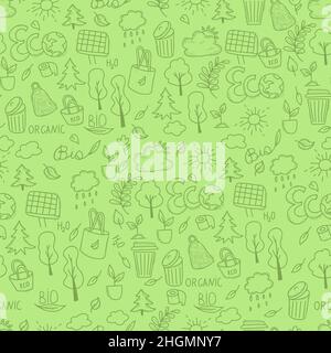 Seamless ecological pattern. Bio materials, ecology, nature and plants, Earth and trees, solar panels on light green background. Vector illustration Stock Vector