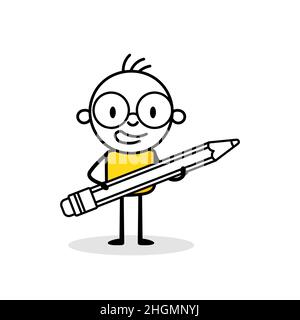 Man holding pencil isolated on white background. Hand drawn doodle line art man. Concept of creativity, creative thinking, innovative idea, innovation Stock Vector