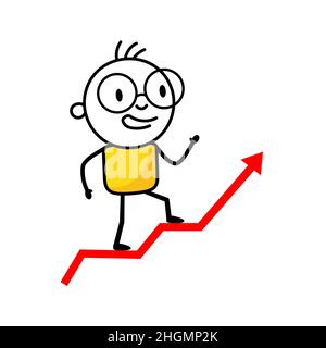 Businessman goes to success isolated on white background. Hand drawn doodle line art man. Concept of financial growth. Dashboard with the analysis of Stock Vector