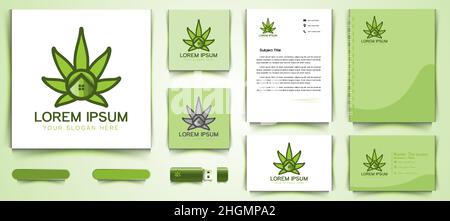 cannabis leaf and house logo and business branding template Designs Inspiration Isolated on White Background Stock Vector