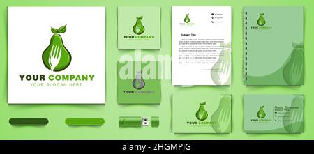 green avocado and negative space of fork logo and business branding template Designs Inspiration Isolated on White Background Stock Vector