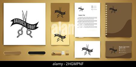 scissor and ribbon, vintage hand drawn logo and business branding template Designs Inspiration Isolated on White Background Stock Vector