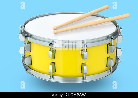 Realistic drum and wooden drum sticks on blue. 3d render of musical instrument Stock Photo