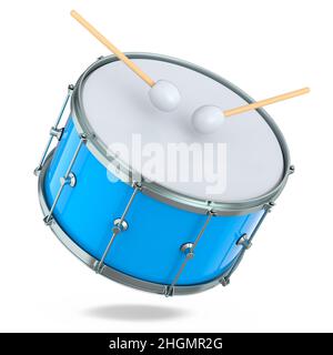 Realistic drum and wooden drum sticks on white. 3d render of musical instrument Stock Photo