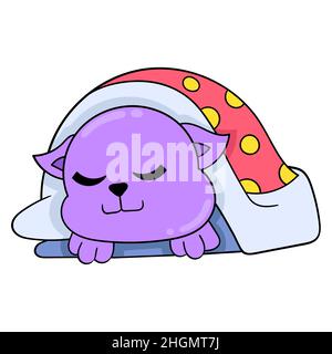 Cute Cartoon Cat With Blanket. Kawaii White Kitten In Cozy Pink Blanket 