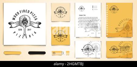 Hand drawn pizza wood plate, vintage pizza shop Logo and business card branding template Designs Inspiration Isolated on White Background Stock Vector