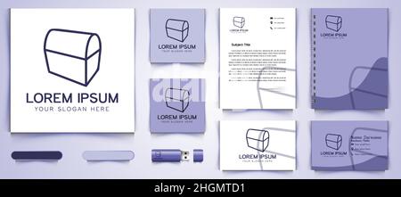 treasure chest mono line logo and business card branding template design inspiration Isolated On white Backgrounds Stock Vector