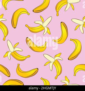 Seamless vector pattern of yellow bananas on a pink background. Stock Vector