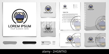 Mountain, fir, lens camera, Outdoor photography logo and business card branding template Designs Inspiration Isolated on White Background Stock Vector