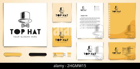 Hand drawn Hat and tie logo and business card branding template design inspiration Isolated On white Backgrounds Stock Vector