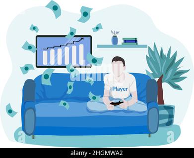 Passive income - making money while playing video games, man playing, sitting on couch, rain of money, computer screen shows earnings, dream, wealth, Stock Vector