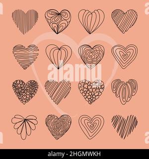 A set of abstract backgrounds or heart-shaped patterns. Hand-drawn doodles. Modern quirky vector illustrations. Badge templates for social media. Stock Vector