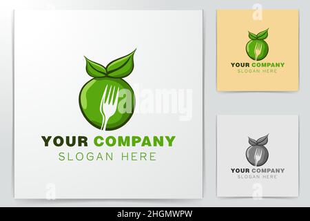 green apple and negative space of fork logo Designs Inspiration Isolated on White Background Stock Vector