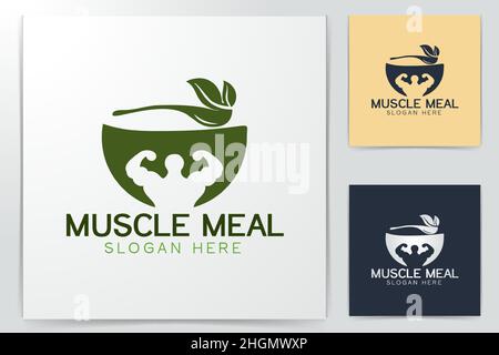 Bowl, Leaf, Spoon, Muscle, Healthy Food Logo Designs Inspiration Isolated on White Background Stock Vector
