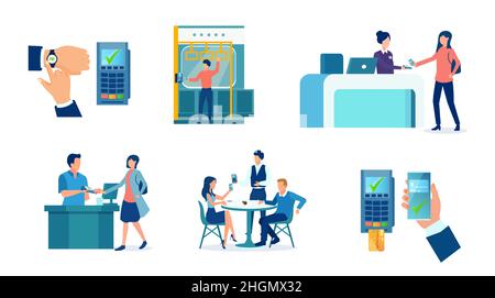 Vector set people paying for services with smartphones or smart watches. Digital wallet and modern technology concept Stock Vector