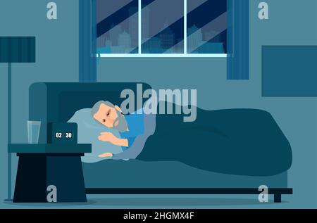 Vector of a senior man suffers from insomnia lying in the bed looking at alarm clock Stock Vector