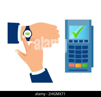 Vector of a business man paying for goods via POS terminal using a wrist watch Stock Vector