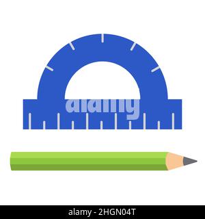 Protractor and pencil, stationery for pupils and students. School and university educational supplies. Vector illustration in flat style. Back to Stock Vector