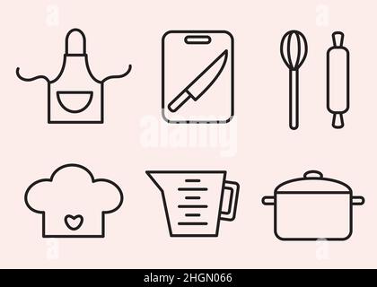 Cooking outline icons. Kitchen apron, cutting board with knife, whisk and rolling pin for dough. Chiefs hat, beaker and cooking pan. Food prepare and Stock Vector