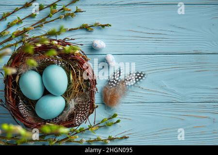 Easter eggs in a nest on a blue wooden background. Card with copy space for text. Stock Photo