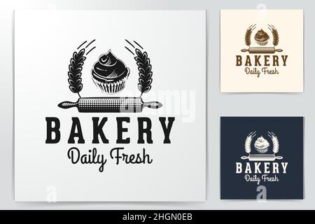 rolling pin, cupcake, and wheat, bakery logo Designs Inspiration Isolated on White Background Stock Vector