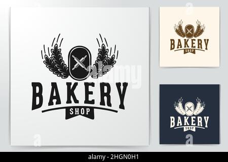 crossed rolling pin and wheat, vintage bakery logo Designs Inspiration Isolated on White Background Stock Vector