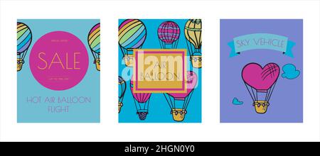 Doodle vector banners of hot air balloons with clouds. Colorful hand draw illustration flying vehicles. Romantic balloons. Sky with tourist balloons Stock Vector