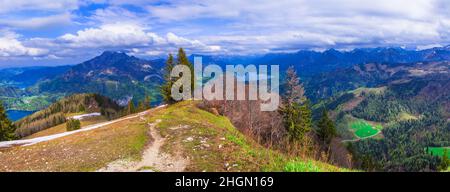 View of St.Gilgen village, Wolfgangsee lake from Zwolferhorn mountain in Salzkammergut region, Austria. Famous ski resort Stock Photo