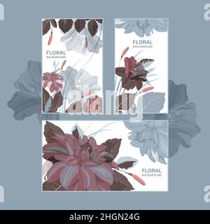 Vector horizontal and vertical floral banners with dahlias and lilies on a white background.  Stock Vector