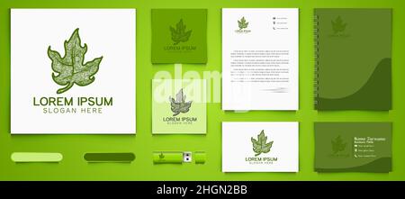 hand drawn green cannabis leaf logo and business branding template Designs Inspiration Isolated on White Background Stock Vector