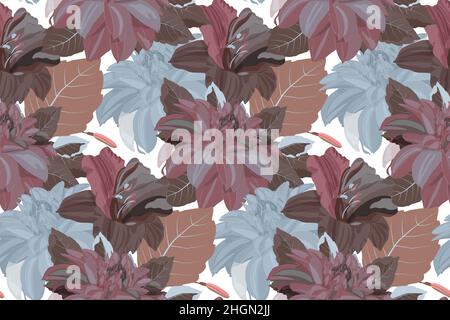 Vector floral seamless pattern. Dahlias and lilies in navi blue, chocolate and burgundy colors. Stock Vector