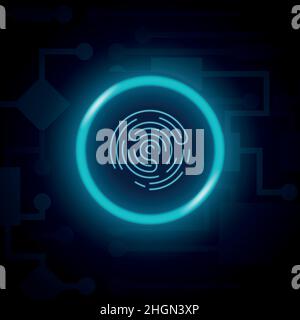 biometric fingerprint lock blue color on dark Stock Vector