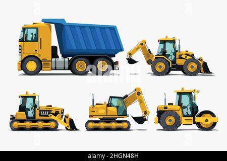 various construction vehicles side view in set Stock Vector