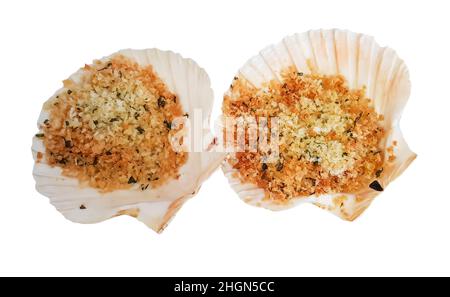 Deep fried scallop, Breaded Scallop shell isolated on white background with clipping path. Stock Photo