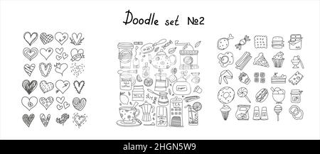 Big set of hand drawn coffee and tea doodles. A set of isolated vector drawings hearts, snacks, fast food products. Hand-drawn sweets, desserts Stock Vector
