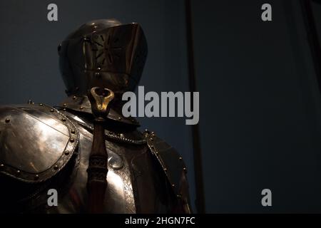Amsterdam, The Netherlands - August 14, 2021: Closeup of a decorated original knight armour from the medieval period. Stock Photo